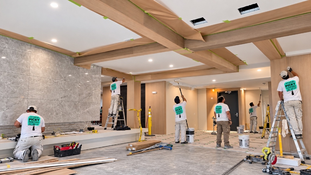 The Picky Painters crew working in Edmonton commercial lobby, branded uniforms, precision masking and ceiling painting